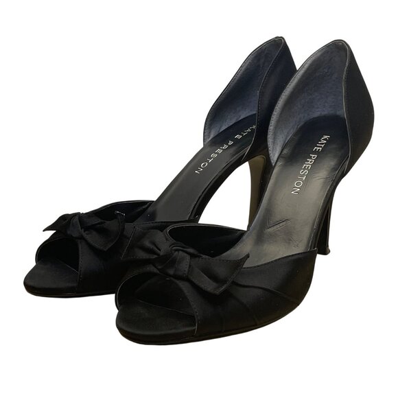Kate Preston Women’s Black Satin Open-Toe Formal DOrsay Style Bow Heels Size 7M - Picture 3 of 10